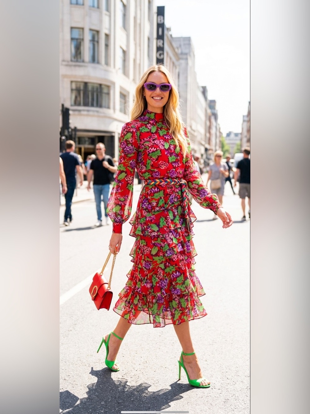 SALONI Red Silk Floral Shirtdress Mock Neck Tiered Ruffle Midi Dress XS 0